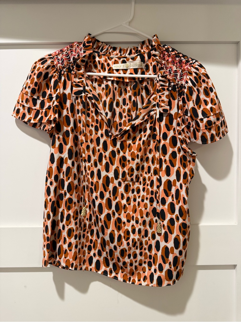 Marie Oliver Orange and Black Leopard-Print Short Sleeve Blouse